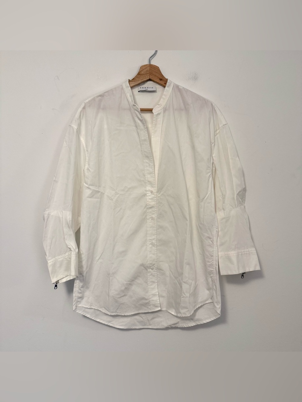 Sandro Paris Size 3 US Large White Cotton Tunic Shirt Zip Cuff Blouse